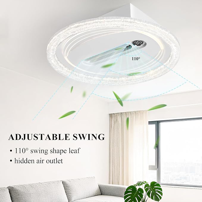 Bladeless Ceiling Fans with Lights Remote Control, Dimmable LED Chandelier 3000K-6000K, Temperature Display, Energy Saving AC