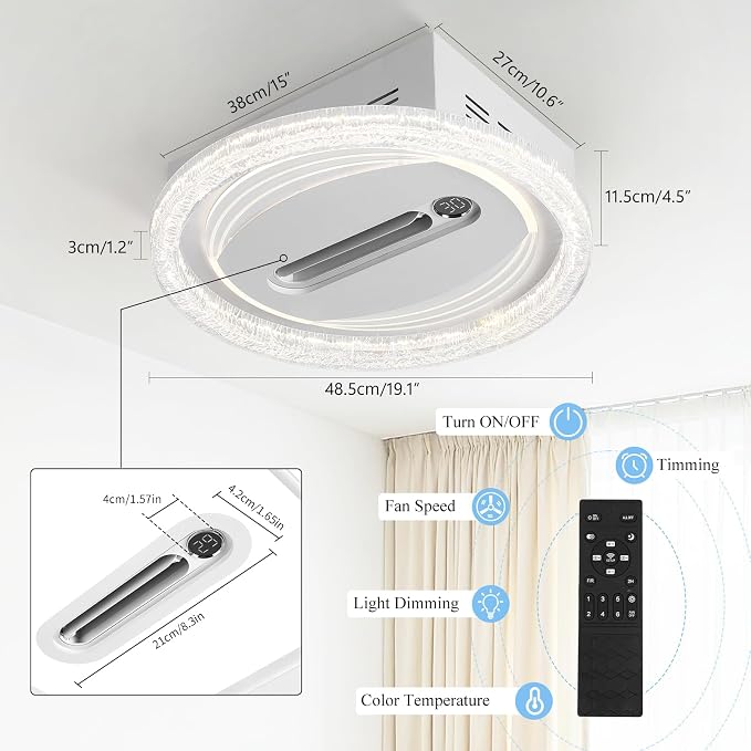 Bladeless Ceiling Fans with Lights Remote Control, Dimmable LED Chandelier 3000K-6000K, Temperature Display, Energy Saving AC
