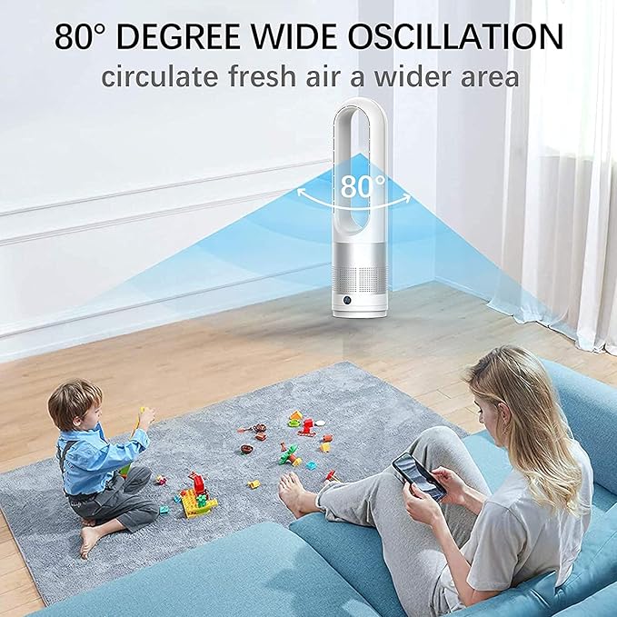 Bladeless Cooling Fan, 22 inch Tower Fan, 80° Oscillating Pedestal Fan with Remote Control, 8 Speeds, 8H Timer, LED Display