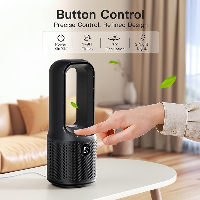 Bladeless Desk Fan, 5-Speed Small Table Fan with 3-Color Night Light, 72° Oscillation, 9-Hour Timer, alternate product view 2