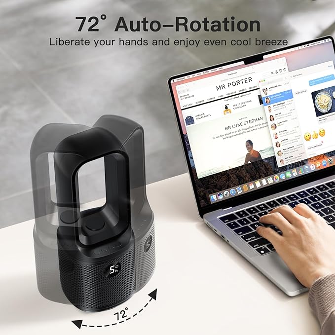Bladeless Desk Fan, 5-Speed Small Table Fan with 3-Color Night Light, 72° Oscillation, 9-Hour Timer, alternate product view 4