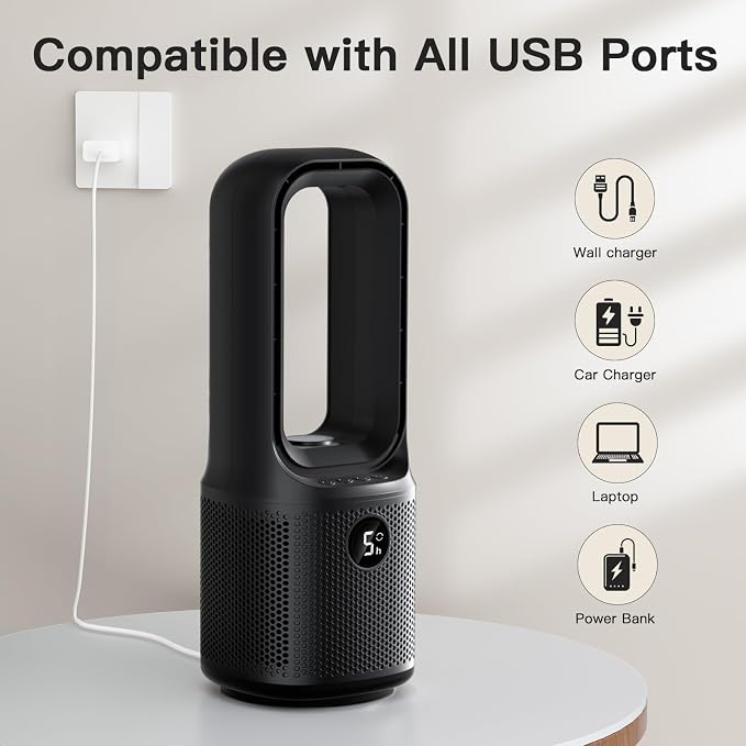 Bladeless Desk Fan, 5-Speed Small Table Fan with 3-Color Night Light, 72° Oscillation, 9-Hour Timer, alternate product view 7