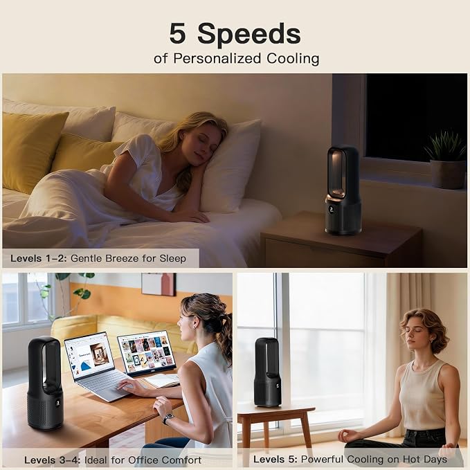 Bladeless Desk Fan, 5-Speed Small Table Fan with 3-Color Night Light, 72° Oscillation, 9-Hour Timer, alternate product view 8