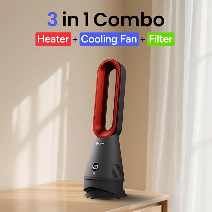 Bladeless Fan, 25inch Heating & Cooling & Filter Combo Tower Fan 80° Oscillating with Remote, 9H Timer, 8 Speeds, Portable