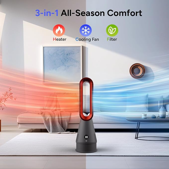 Bladeless Fan, 25inch Heating & Cooling & Filter Combo Tower Fan 80° Oscillating with Remote, 9H Timer, 8 Speeds, Portable
