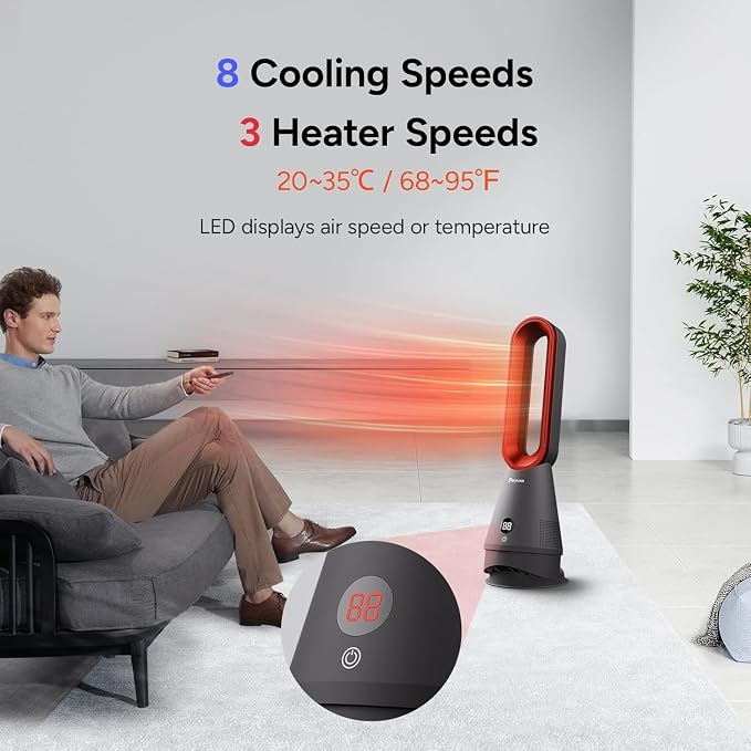 Bladeless Fan, 25inch Heating & Cooling & Filter Combo Tower Fan 80° Oscillating with Remote, 9H Timer, 8 Speeds, Portable