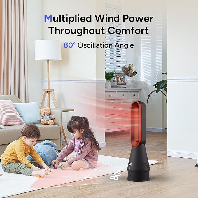 Bladeless Fan, 25inch Heating & Cooling & Filter Combo Tower Fan 80° Oscillating with Remote, 9H Timer, 8 Speeds, Portable