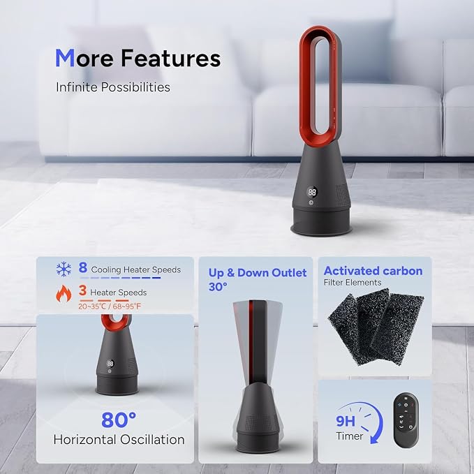 Bladeless Fan, 25inch Heating & Cooling & Filter Combo Tower Fan 80° Oscillating with Remote, 9H Timer, 8 Speeds, Portable