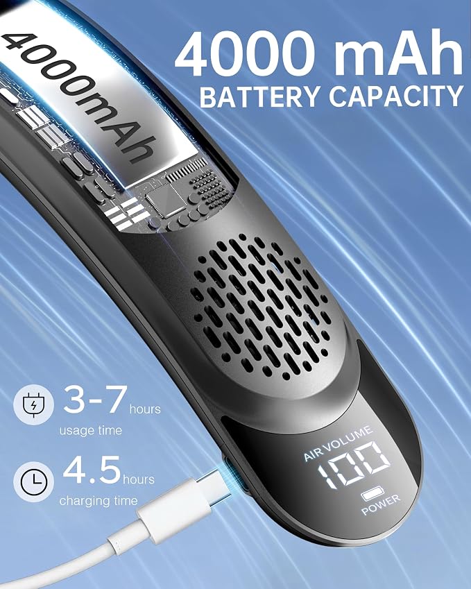 Bladeless Neck Fan, 4 Turbo Portable Neck Fan, 4000 mAh Battery Operated, USB Rechargeable Personal Fan, 3 Speeds, 360°