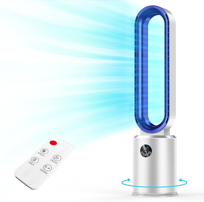 Bladeless Tower Fan, 38" Quiet Tower Fan with Remote, 24 Speeds, 12H Timer, 60° Swing, LED Display with Auto Off, Easy to