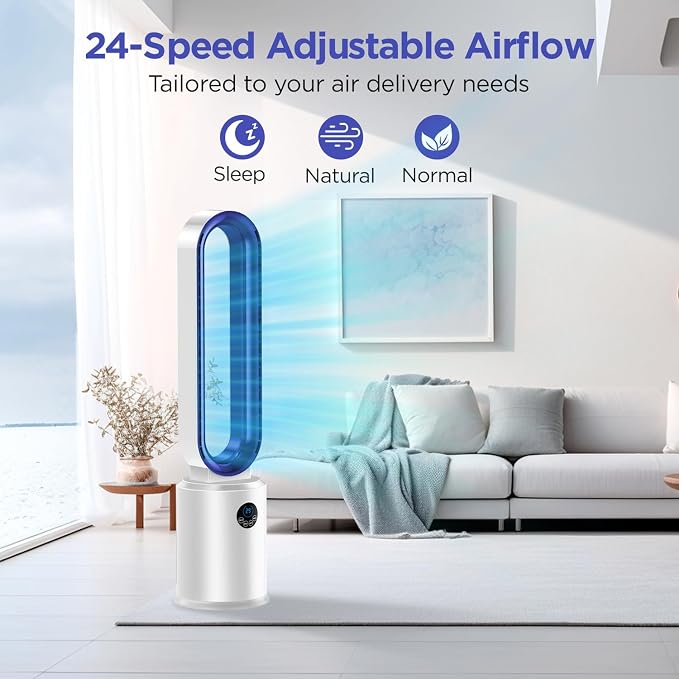 Bladeless Tower Fan, 38" Quiet Tower Fan with Remote, 24 Speeds, 12H Timer, 60° Swing, LED Display with Auto Off, Easy to