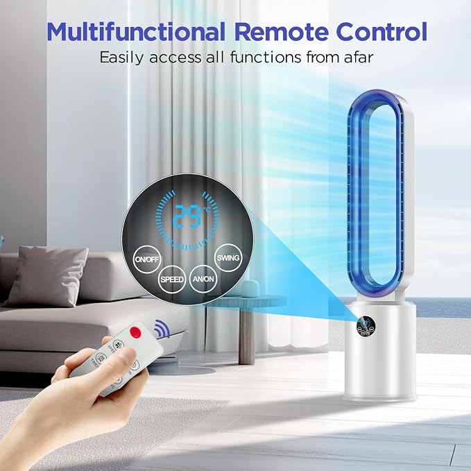Bladeless Tower Fan, 38" Quiet Tower Fan with Remote, 24 Speeds, 12H Timer, 60° Swing, LED Display with Auto Off, Easy to