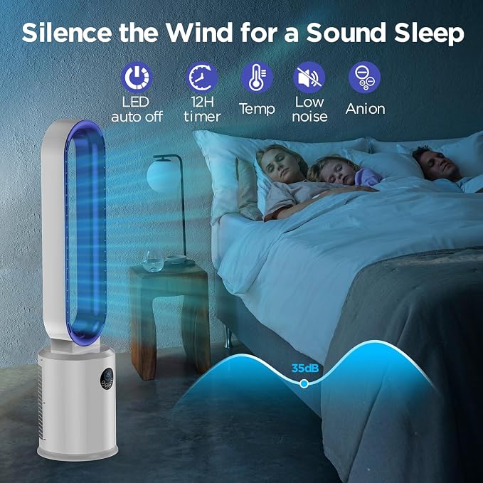 Bladeless Tower Fan, 38" Quiet Tower Fan with Remote, 24 Speeds, 12H Timer, 60° Swing, LED Display with Auto Off, Easy to