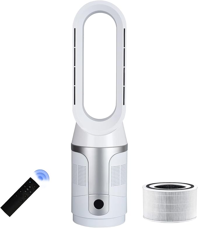 Bladeless Tower Fan and Air Purifier, True H13 HEPA Filter, 90° Oscillating Bladeless Fan with Remote and Touch control, 9H