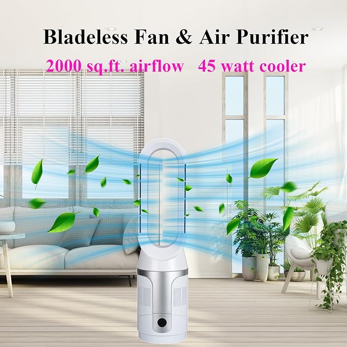 Bladeless Tower Fan and Air Purifier, True H13 HEPA Filter, 90° Oscillating Bladeless Fan with Remote and Touch control, 9H