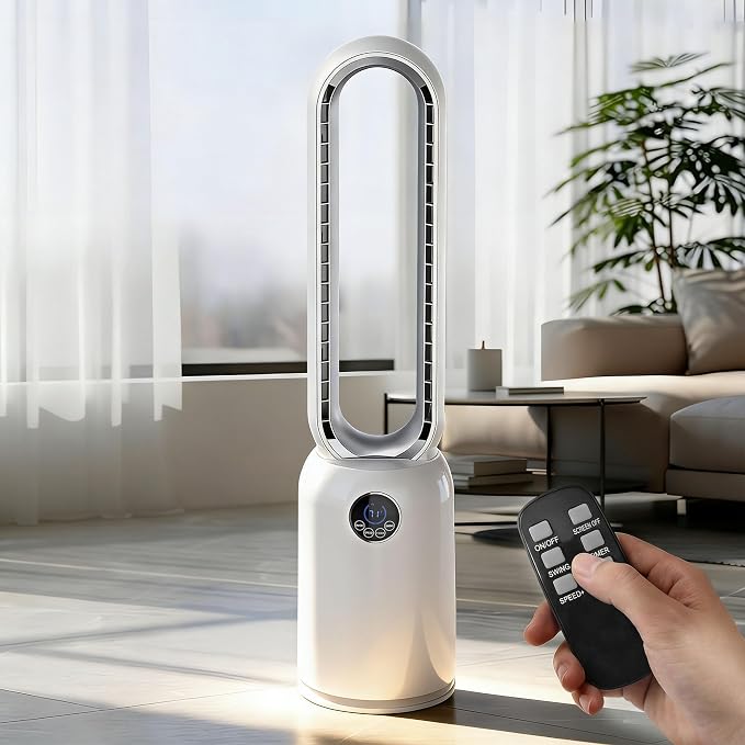 Bladeless Tower Fan for Bedroom, Powerful 26ft/s Airflow, 24 Speeds, 90° Oscillation, 12H Timer, Standing Fans with Remote
