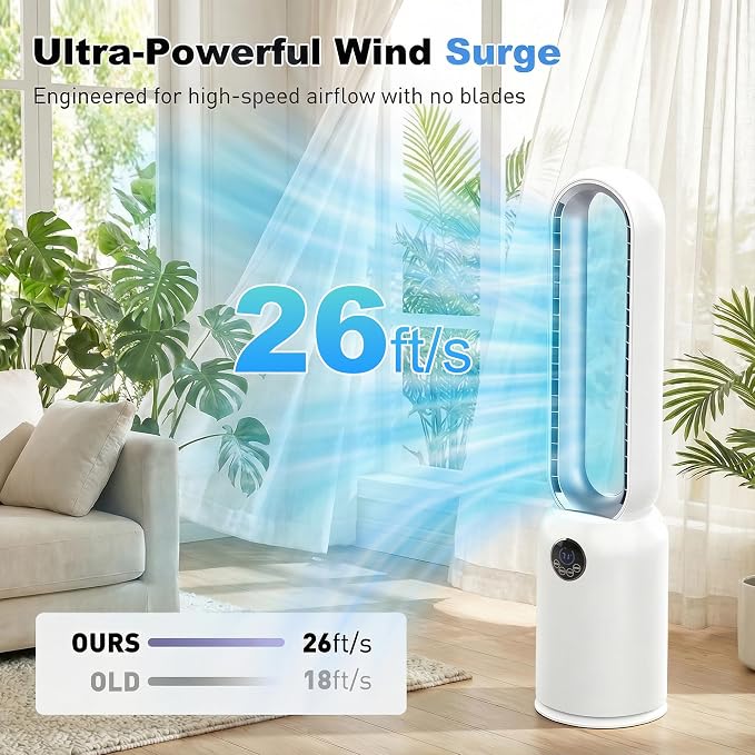 Bladeless Tower Fan for Bedroom, Powerful 26ft/s Airflow, 24 Speeds, 90° Oscillation, 12H Timer, Standing Fans with Remote