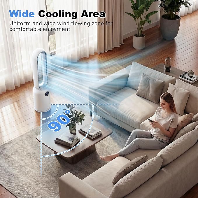 Bladeless Tower Fan for Bedroom, Powerful 26ft/s Airflow, 24 Speeds, 90° Oscillation, 12H Timer, Standing Fans with Remote
