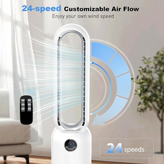 Bladeless Tower Fan for Bedroom, Powerful 26ft/s Airflow, 24 Speeds, 90° Oscillation, 12H Timer, Standing Fans with Remote