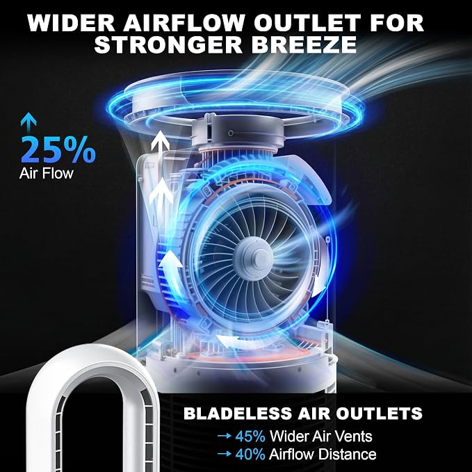 Bladeless Tower Fan for Bedroom, Powerful 26ft/s Airflow, 24 Speeds, 90° Oscillation, 12H Timer, Standing Fans with Remote