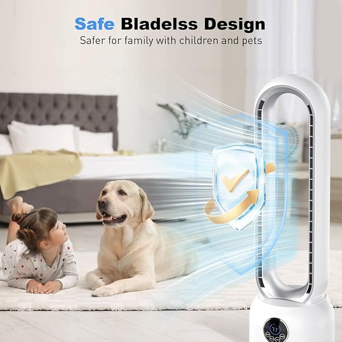 Bladeless Tower Fan for Bedroom, Powerful 26ft/s Airflow, 24 Speeds, 90° Oscillation, 12H Timer, Standing Fans with Remote