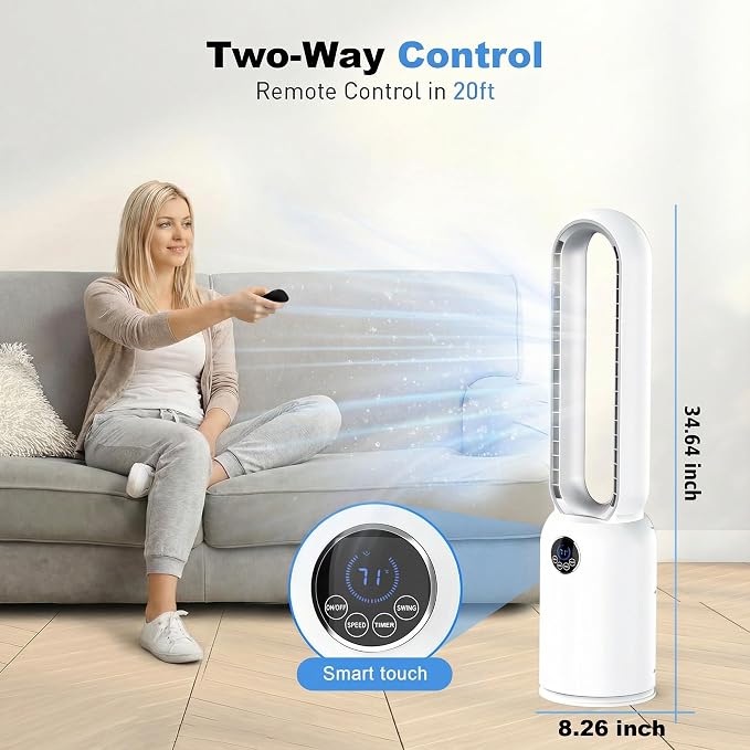 Bladeless Tower Fan for Bedroom, Powerful 26ft/s Airflow, 24 Speeds, 90° Oscillation, 12H Timer, Standing Fans with Remote