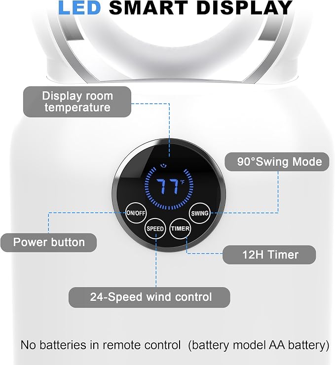 Bladeless Tower Fan for Bedroom, Powerful 26ft/s Airflow, 24 Speeds, 90° Oscillation, 12H Timer, Standing Fans with Remote