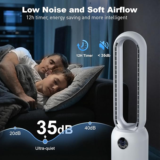 Bladeless Tower Fan for Bedroom, Powerful 26ft/s Airflow, 24 Speeds, 90° Oscillation, 12H Timer, Standing Fans with Remote