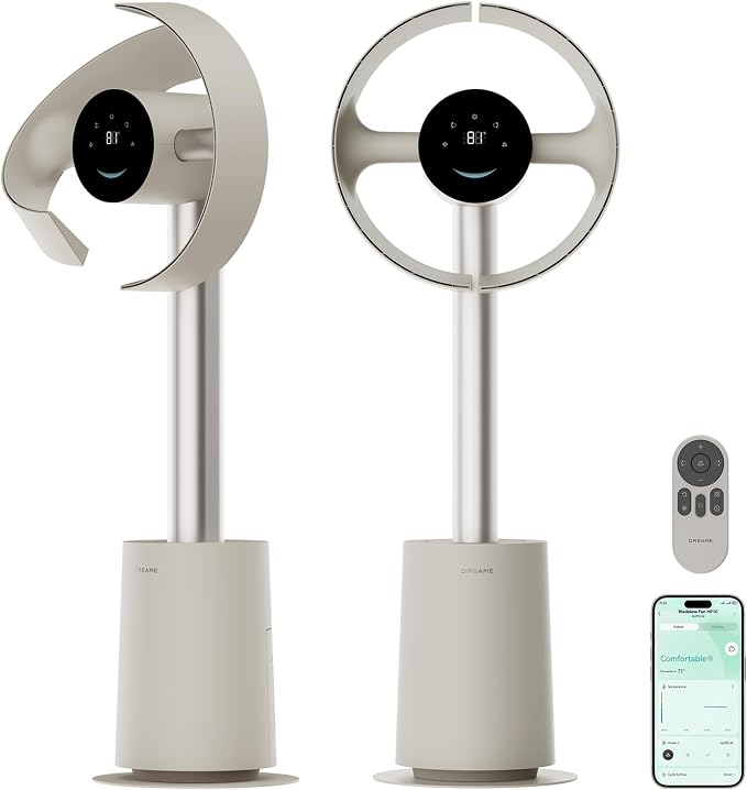 Bladeless Tower Fan for Bedroom, Smart Standing Fan with 270° Spatial Airflow for Whole-Room Circulation, 59ft/s High