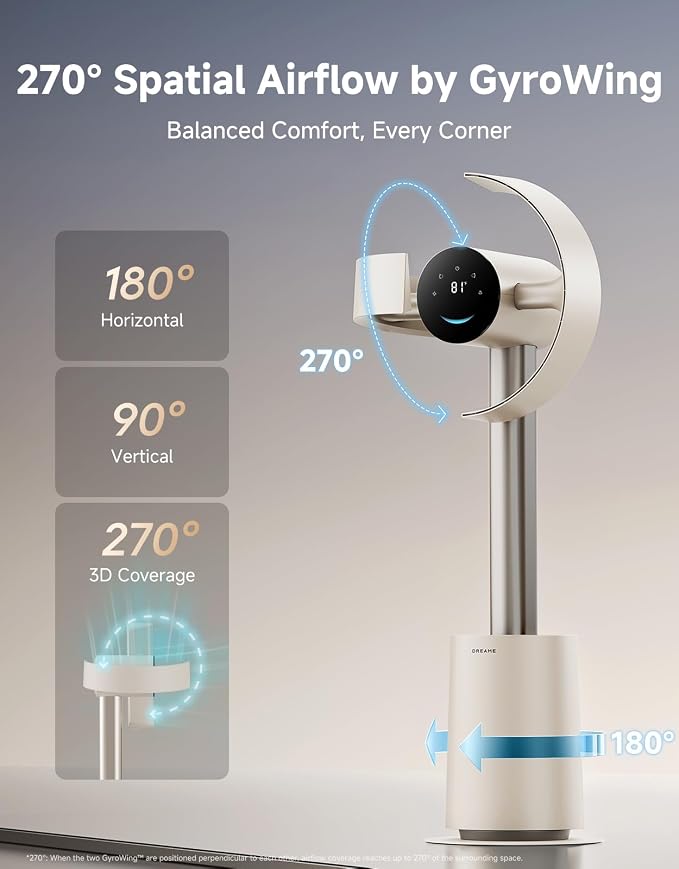 Bladeless Tower Fan for Bedroom, Smart Standing Fan with 270° Spatial Airflow for Whole-Room Circulation, 59ft/s High