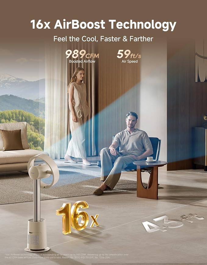 Bladeless Tower Fan for Bedroom, Smart Standing Fan with 270° Spatial Airflow for Whole-Room Circulation, 59ft/s High