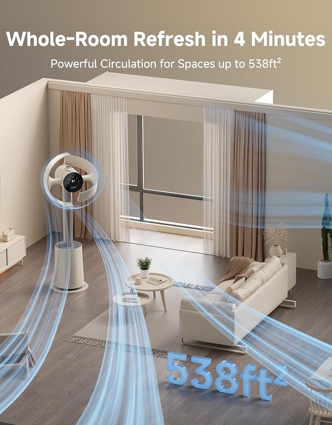 Bladeless Tower Fan for Bedroom, Smart Standing Fan with 270° Spatial Airflow for Whole-Room Circulation, 59ft/s High