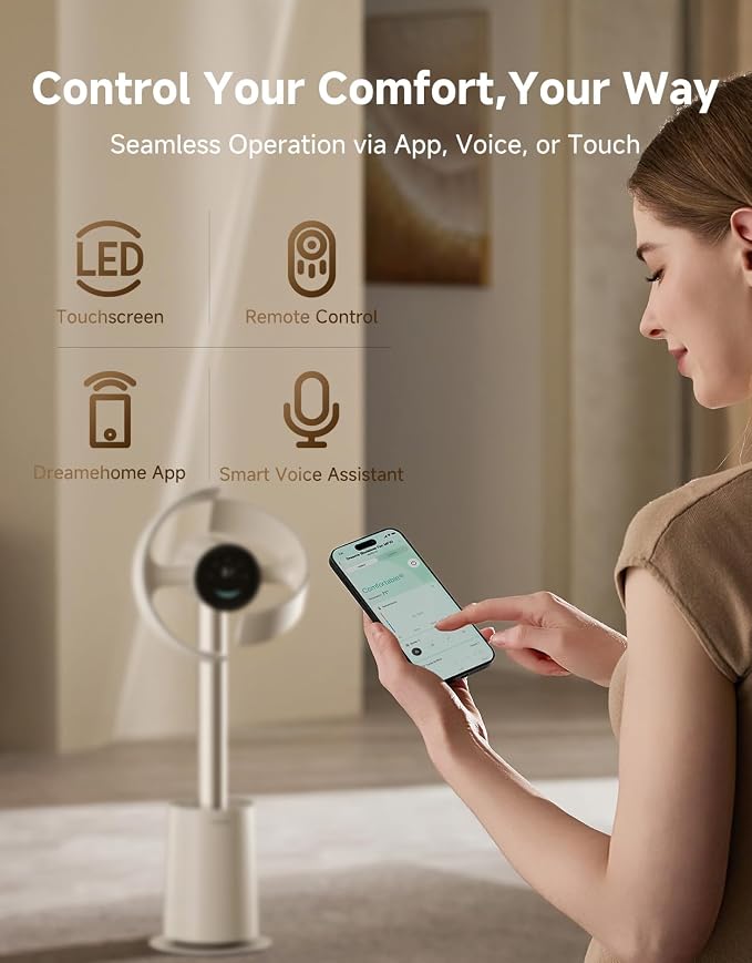 Bladeless Tower Fan for Bedroom, Smart Standing Fan with 270° Spatial Airflow for Whole-Room Circulation, 59ft/s High