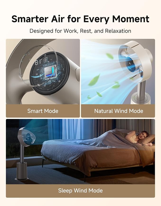 Bladeless Tower Fan for Bedroom, Smart Standing Fan with 270° Spatial Airflow for Whole-Room Circulation, 59ft/s High
