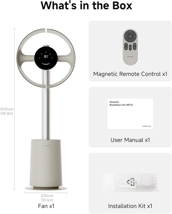 Bladeless Tower Fan for Bedroom, Smart Standing Fan with 270° Spatial Airflow for Whole-Room Circulation, 59ft/s High