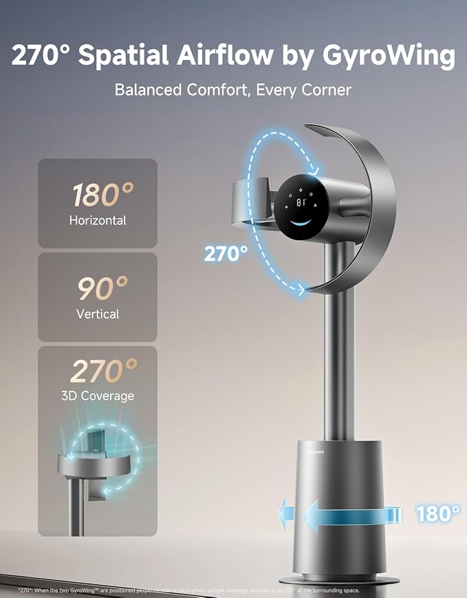 Bladeless Tower Fan for Bedroom, Smart Standing Fan with 270° Spatial Airflow for Whole-Room Circulation, 59ft/s High