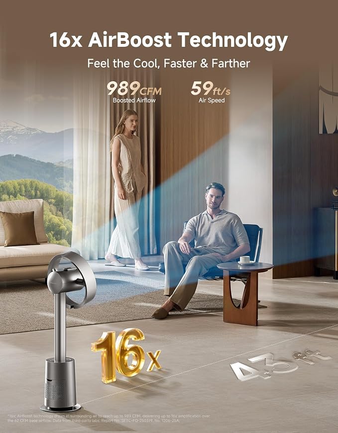 Bladeless Tower Fan for Bedroom, Smart Standing Fan with 270° Spatial Airflow for Whole-Room Circulation, 59ft/s High