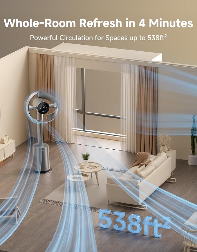 Bladeless Tower Fan for Bedroom, Smart Standing Fan with 270° Spatial Airflow for Whole-Room Circulation, 59ft/s High