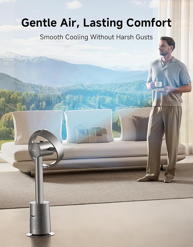 Bladeless Tower Fan for Bedroom, Smart Standing Fan with 270° Spatial Airflow for Whole-Room Circulation, 59ft/s High