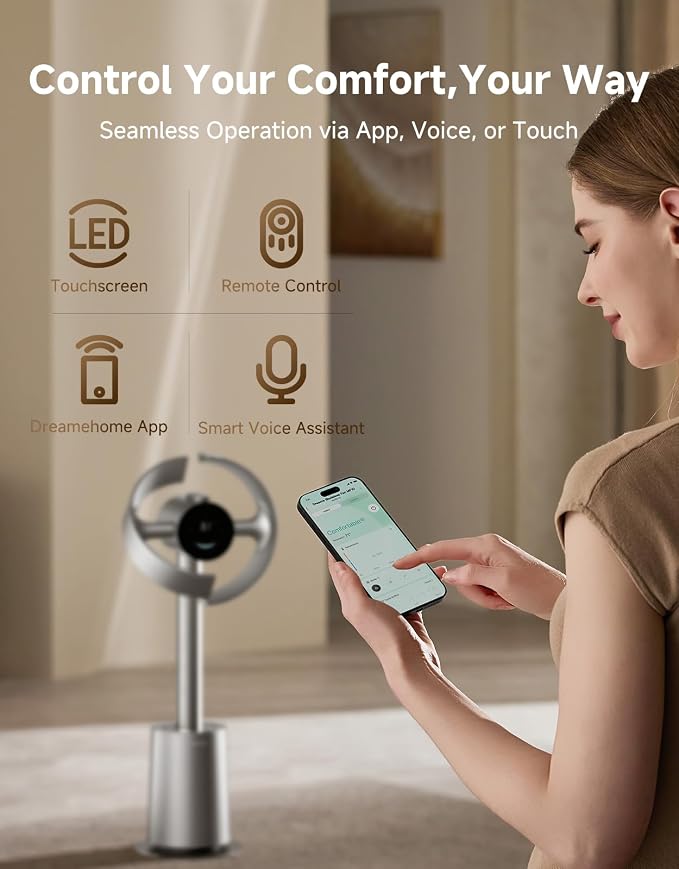 Bladeless Tower Fan for Bedroom, Smart Standing Fan with 270° Spatial Airflow for Whole-Room Circulation, 59ft/s High