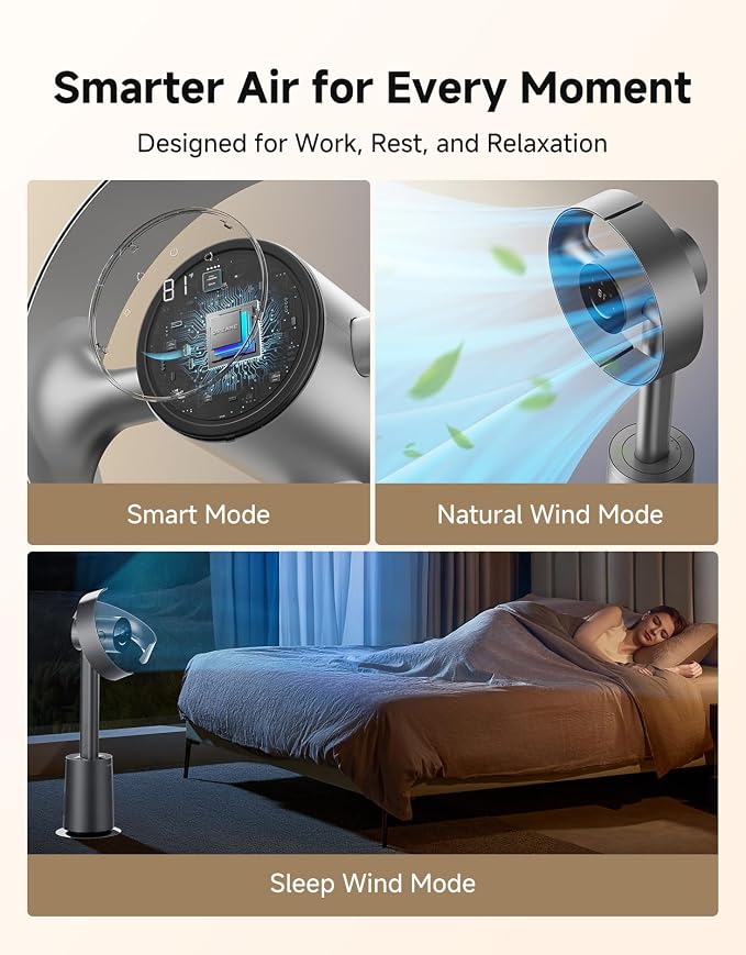 Bladeless Tower Fan for Bedroom, Smart Standing Fan with 270° Spatial Airflow for Whole-Room Circulation, 59ft/s High