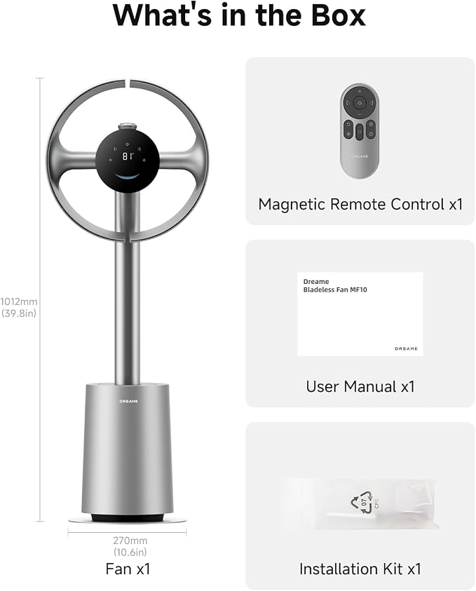 Bladeless Tower Fan for Bedroom, Smart Standing Fan with 270° Spatial Airflow for Whole-Room Circulation, 59ft/s High