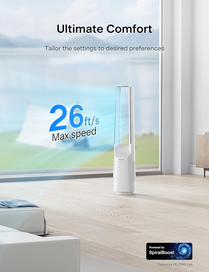 Bladeless Tower Fan with 26-33ft Powerful Airflow, Alexa and Google Compatible, 6-Speed Settings, Quiet DC Motor, 120°