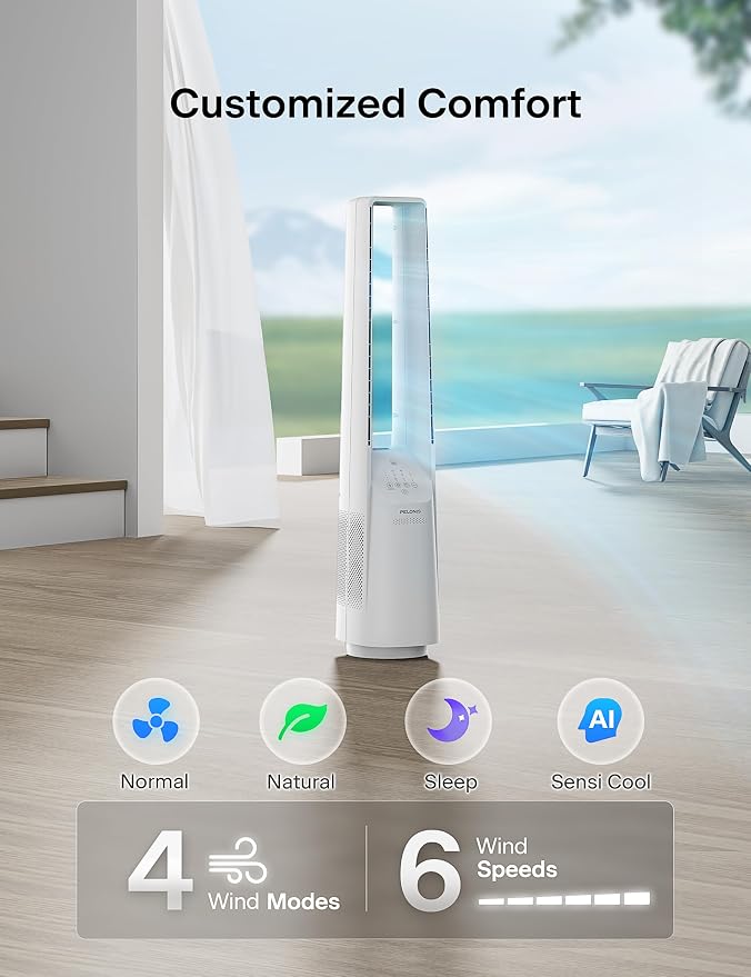 Bladeless Tower Fan with 26-33ft Powerful Airflow, Alexa and Google Compatible, 6-Speed Settings, Quiet DC Motor, 120°