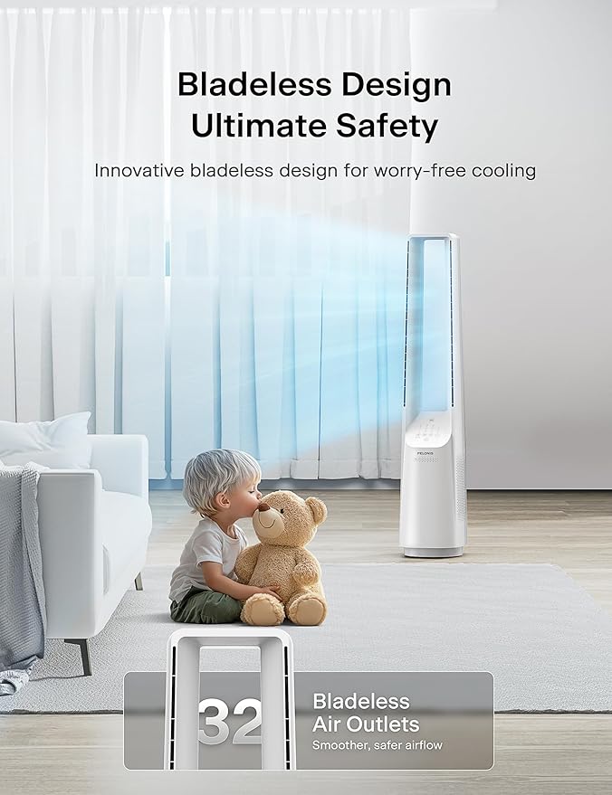 Bladeless Tower Fan with 26-33ft Powerful Airflow, Alexa and Google Compatible, 6-Speed Settings, Quiet DC Motor, 120°