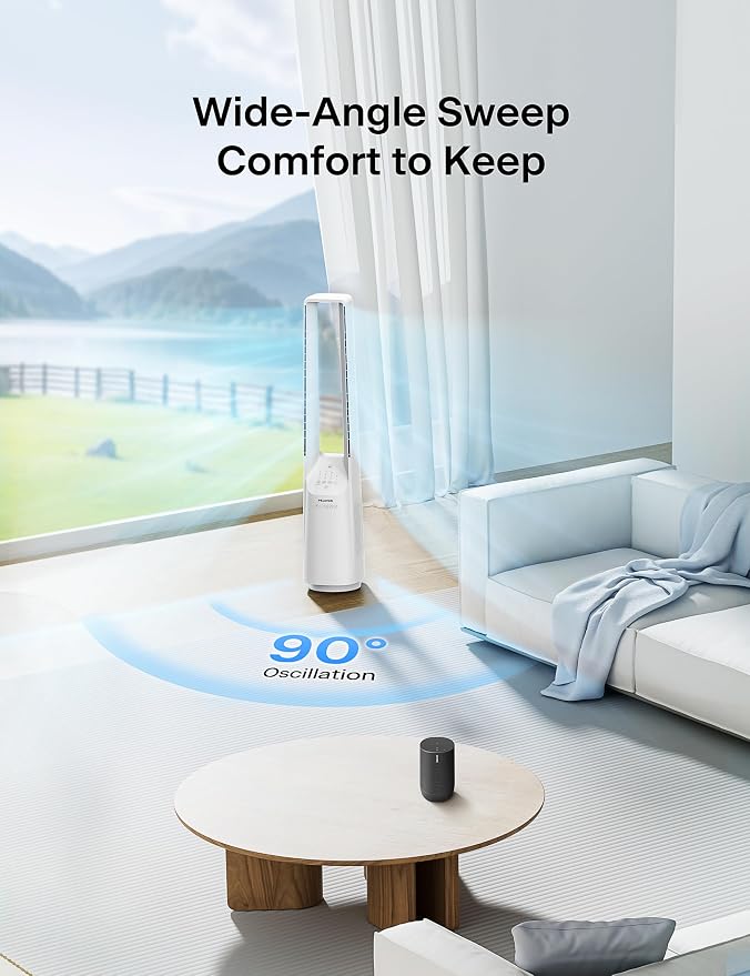 Bladeless Tower Fan with 26-33ft Powerful Airflow, Alexa and Google Compatible, 6-Speed Settings, Quiet DC Motor, 120°