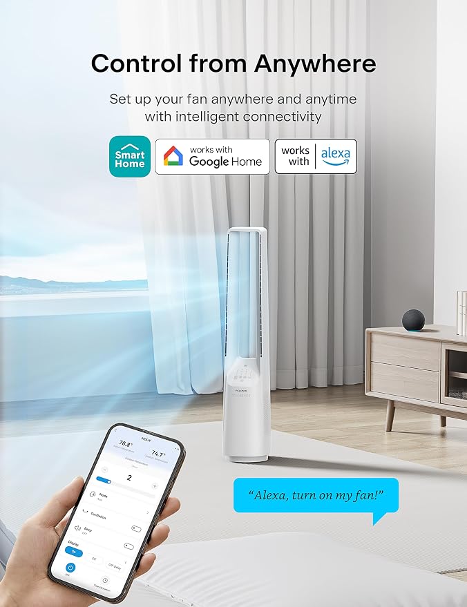 Bladeless Tower Fan with 26-33ft Powerful Airflow, Alexa and Google Compatible, 6-Speed Settings, Quiet DC Motor, 120°