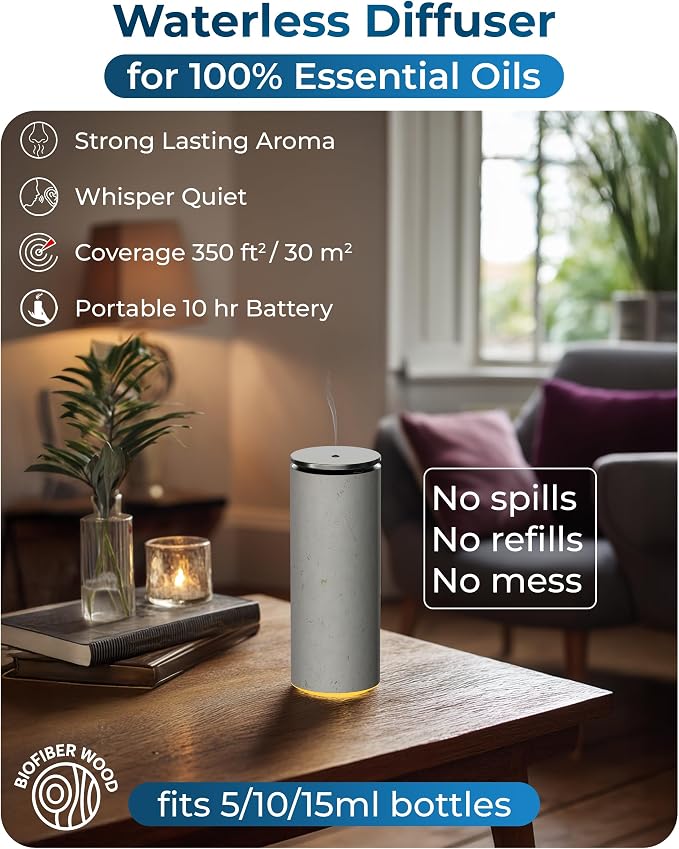Bliss Waterless Diffuser for Essential Oils, Pure Aroma Zero Water, Cordless 10-hr Battery Operated Oil Diffuser Machine