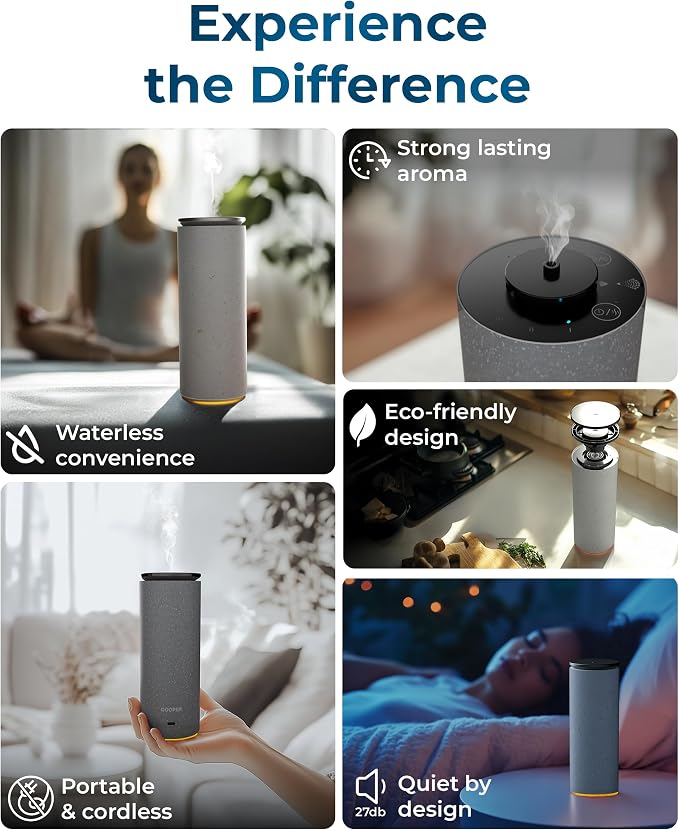 Bliss Waterless Diffuser for Essential Oils, Pure Aroma Zero Water, Cordless 10-hr Battery Operated Oil Diffuser Machine