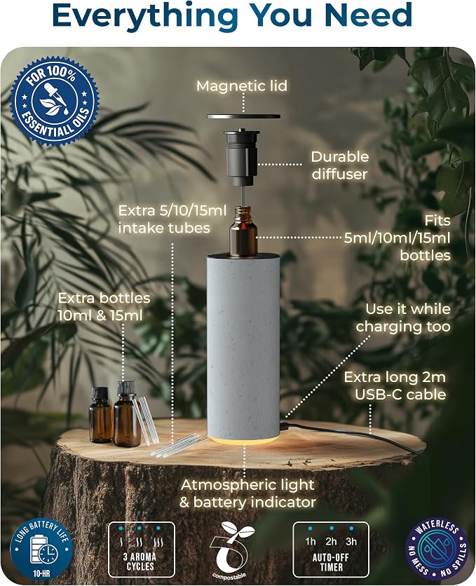 Bliss Waterless Diffuser for Essential Oils, Pure Aroma Zero Water, Cordless 10-hr Battery Operated Oil Diffuser Machine